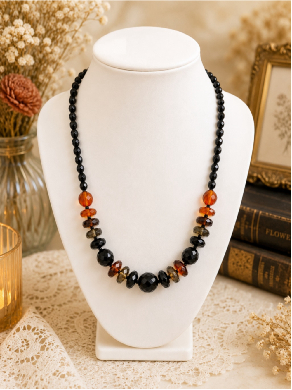 Vintage Czech Black Faceted Glass Bead Necklace Clear Crystal Accents 17"